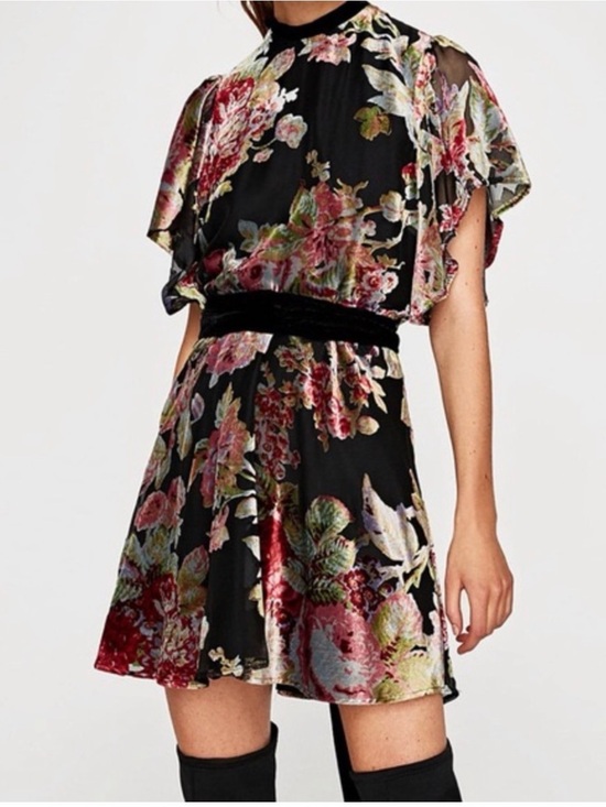 Zara Dresses & Skirts - Zara Black Floral Velvet-Waist Mini Dress
